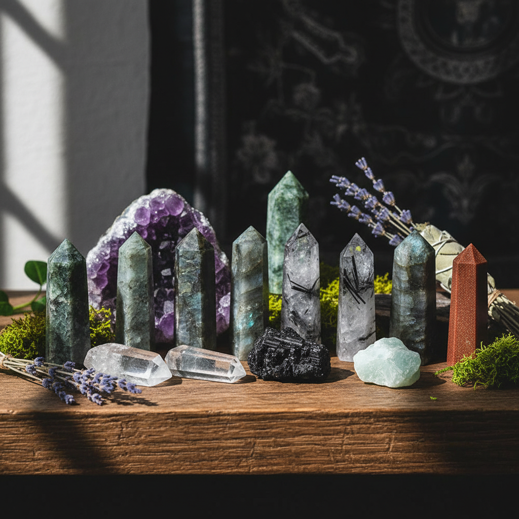 Collection of crystals and decorative items on a wooden surface with a dark background